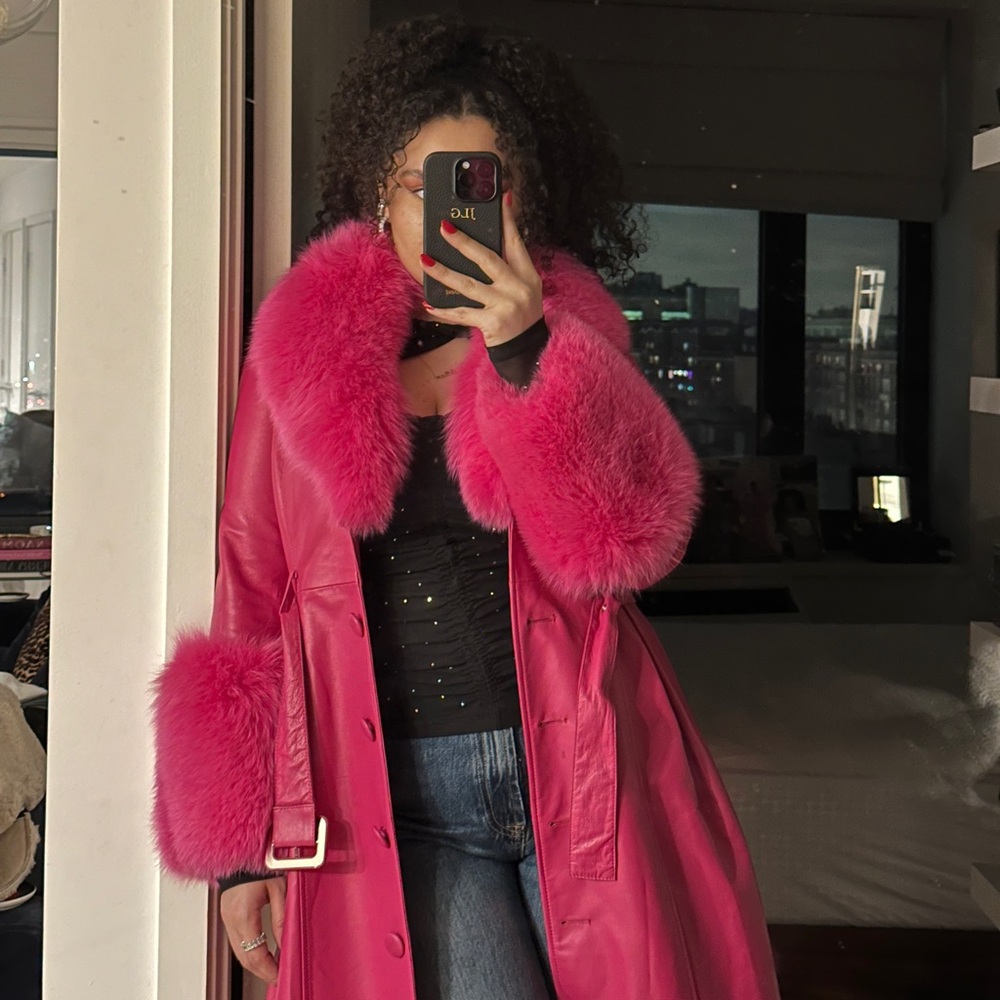 Hot Pink Foxy Leather Trench with Fur Trim